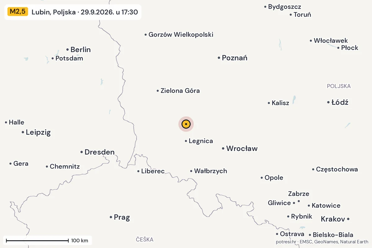 Karta: šire područje, 600 km, potres M2,5, Lubin, Poljska, 29.9.2026.