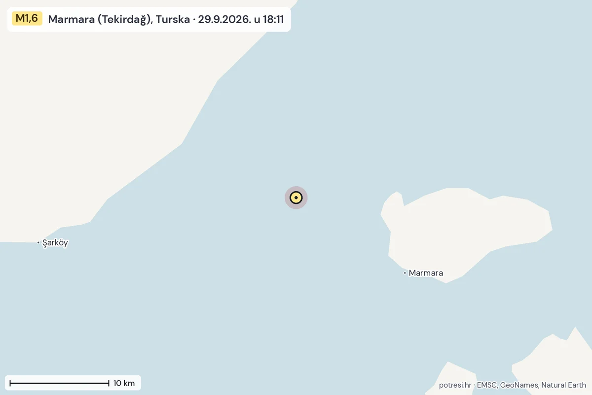 Karta: okolica epicentra, 60 km, potres M1,6, Marmara (Tekirdağ), Turska, 29.9.2026.