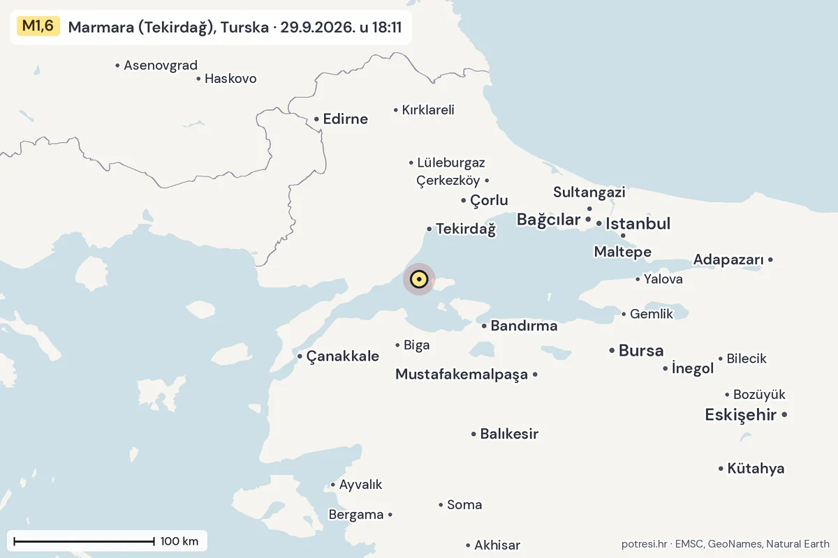 Karta: šire područje, 600 km, potres M1,6, Marmara (Tekirdağ), Turska, 29.9.2026.