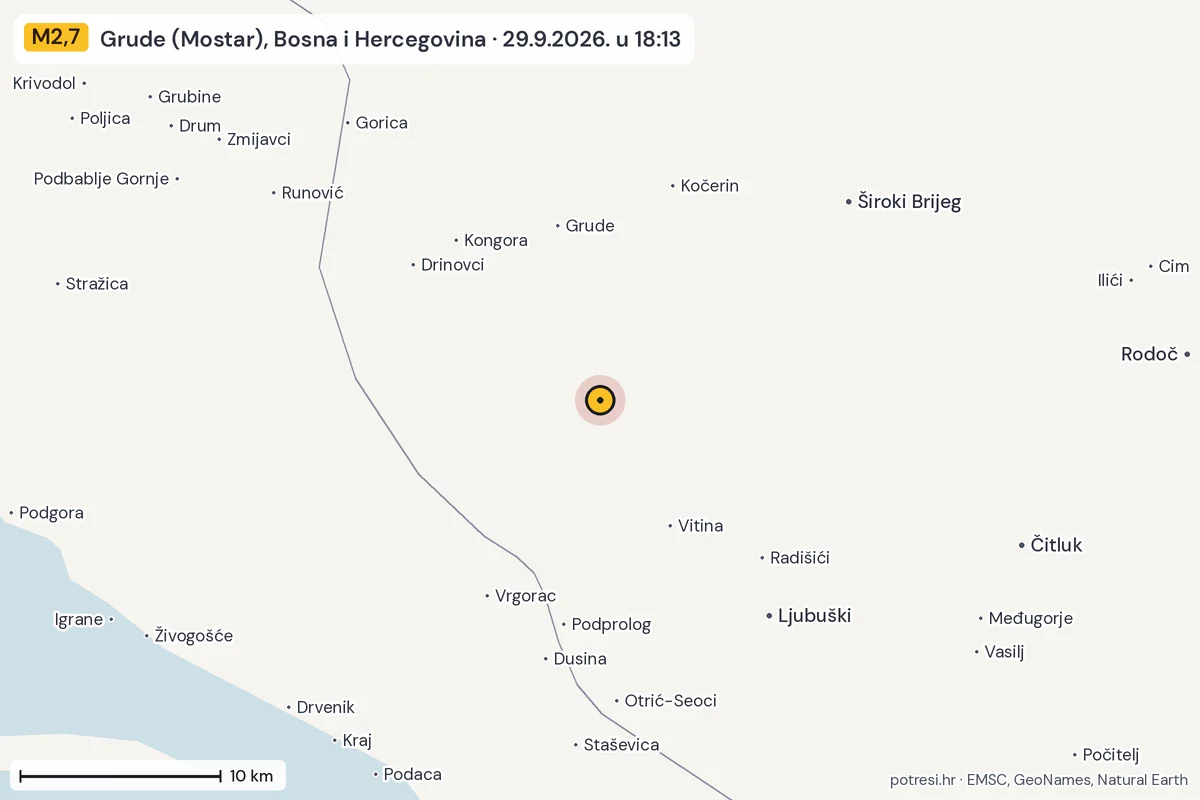 Karta: okolica epicentra, 60 km, potres M2,7, Grude (Mostar), Bosna i Hercegovina, 29.9.2026.