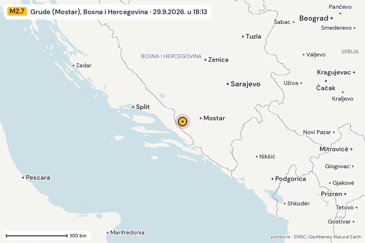 Karta: šire područje, 600 km, potres M2,7, Grude (Mostar), Bosna i Hercegovina, 29.9.2026.