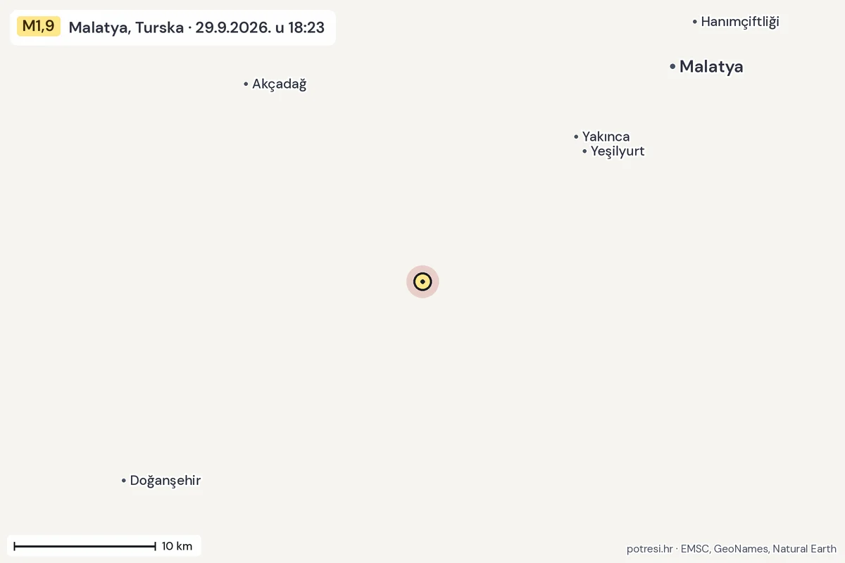 Karta: okolica epicentra, 60 km, potres M1,9, Malatya, Turska, 29.9.2026.