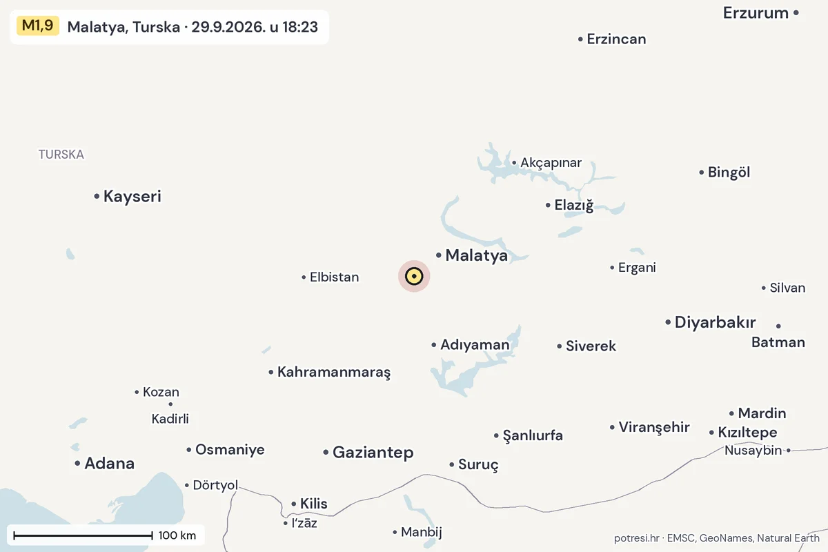 Karta: šire područje, 600 km, potres M1,9, Malatya, Turska, 29.9.2026.