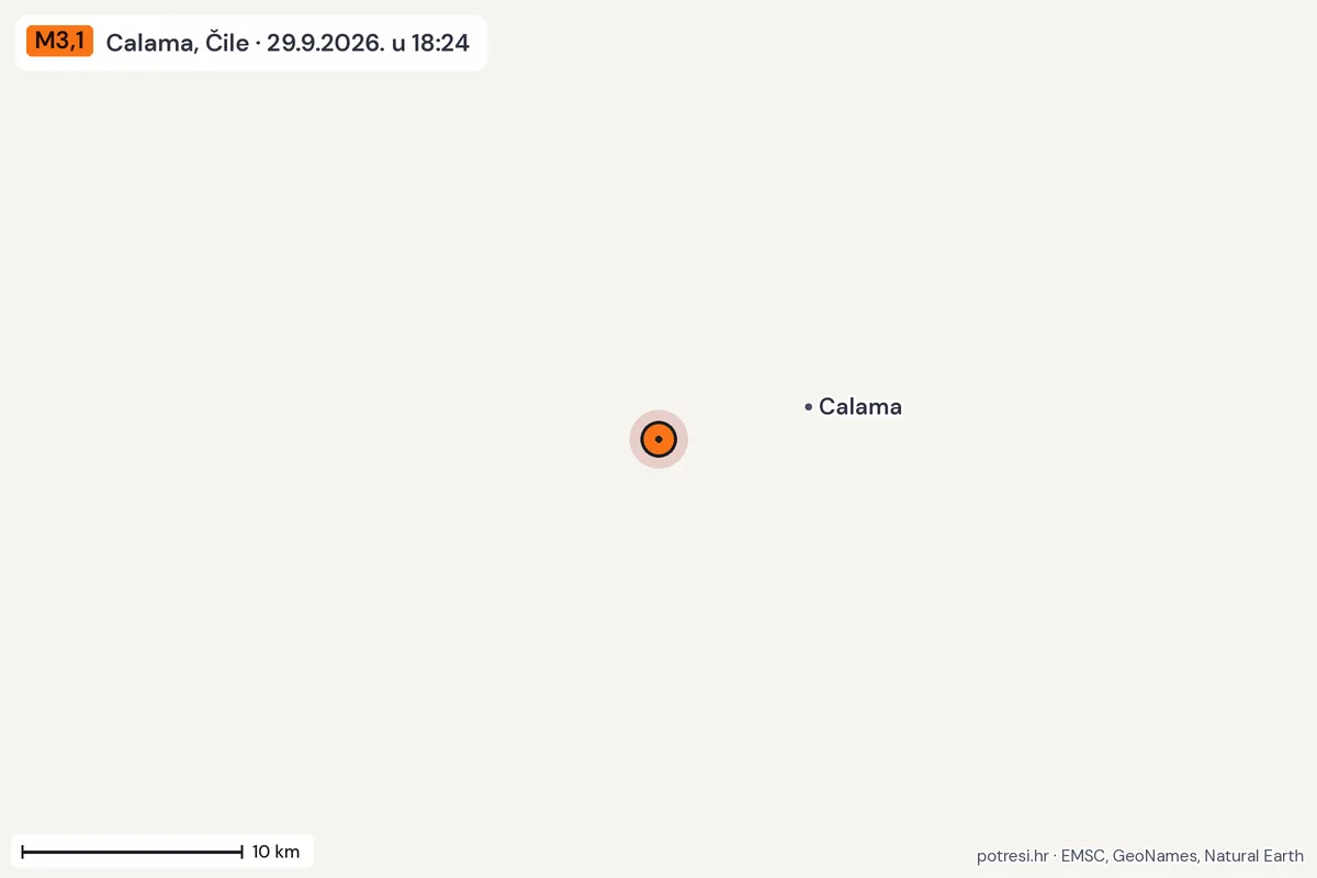 Karta: okolica epicentra, 60 km, potres M3,1, Calama, Čile, 29.9.2026.