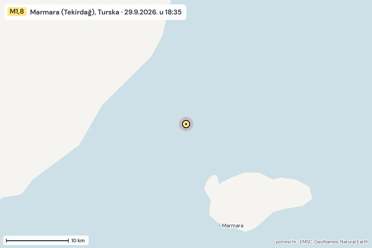 Karta: okolica epicentra, 60 km, potres M1,8, Marmara (Tekirdağ), Turska, 29.9.2026.