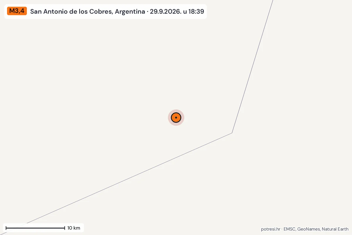 Karta: okolica epicentra, 60 km, potres M3,4, San Antonio de los Cobres, Argentina, 29.9.2026.