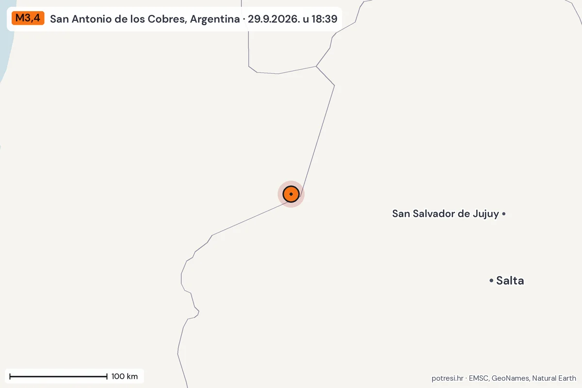 Karta: šire područje, 600 km, potres M3,4, San Antonio de los Cobres, Argentina, 29.9.2026.
