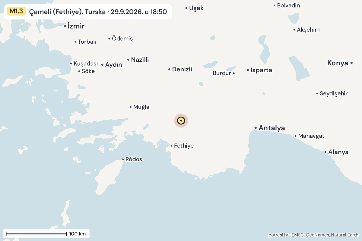 Karta: šire područje, 600 km, potres M1,3, Çameli (Fethiye), Turska, 29.9.2026.
