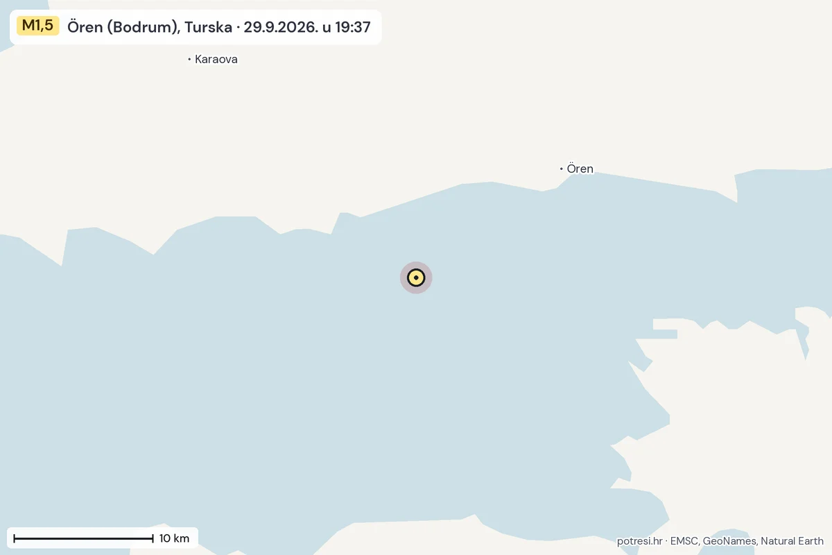 Karta: okolica epicentra, 60 km, potres M1,5, Ören (Bodrum), Turska, 29.9.2026.