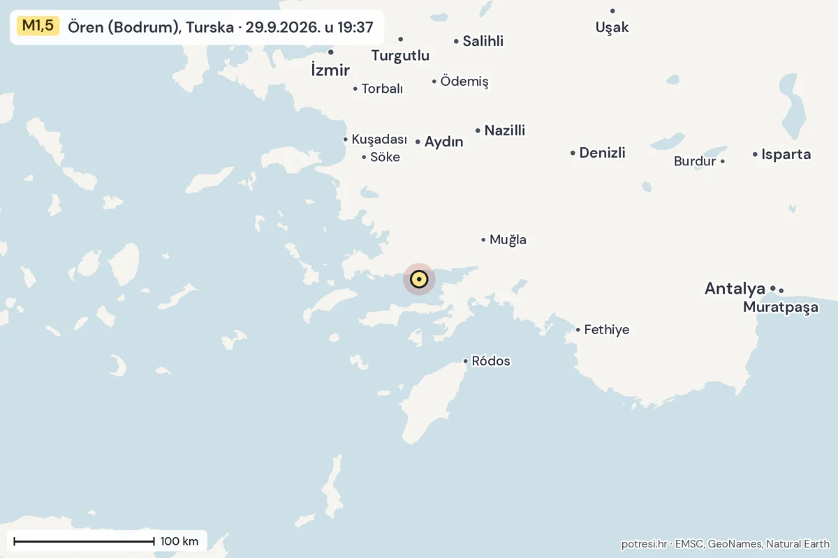 Karta: šire područje, 600 km, potres M1,5, Ören (Bodrum), Turska, 29.9.2026.