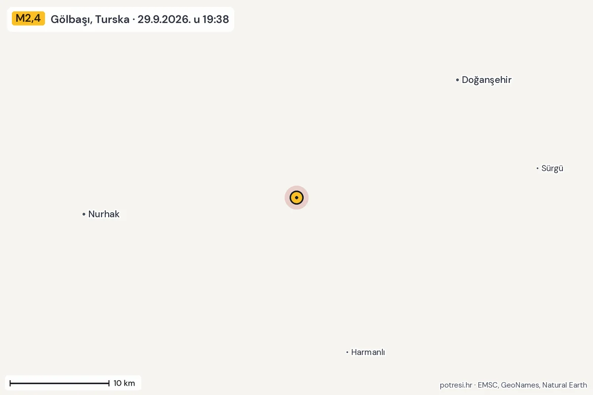 Karta: okolica epicentra, 60 km, potres M2,4, Gölbaşı, Turska, 29.9.2026.