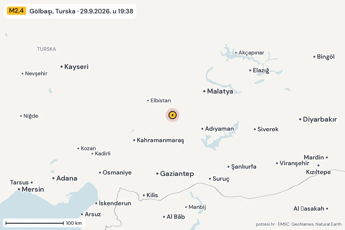Karta: šire područje, 600 km, potres M2,4, Gölbaşı, Turska, 29.9.2026.
