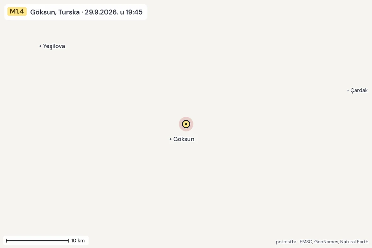 Karta: okolica epicentra, 60 km, potres M1,4, Göksun, Turska, 29.9.2026.