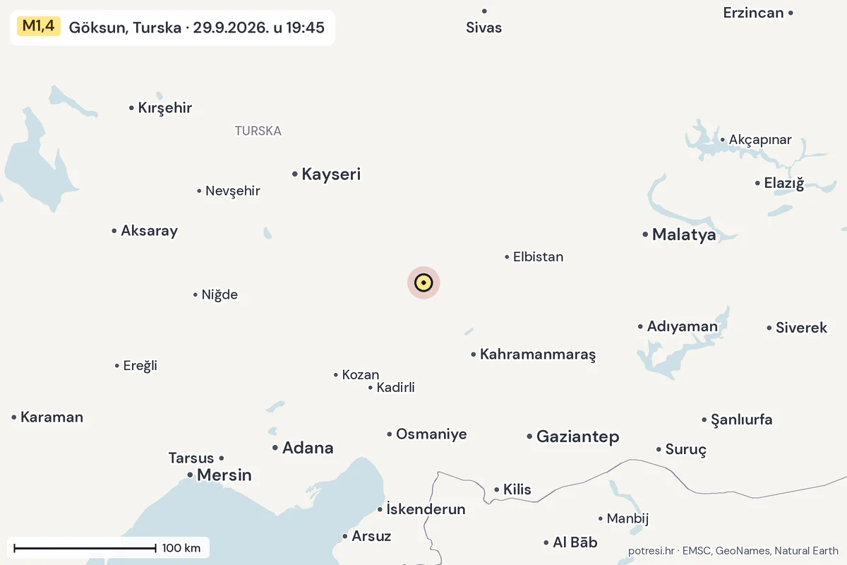 Karta: šire područje, 600 km, potres M1,4, Göksun, Turska, 29.9.2026.