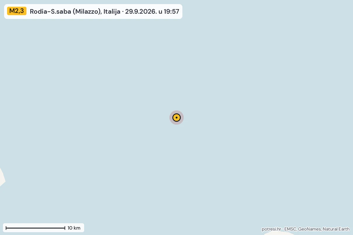 Karta: okolica epicentra, 60 km, potres M2,3, Rodia-S.saba (Milazzo), Italija, 29.9.2026.