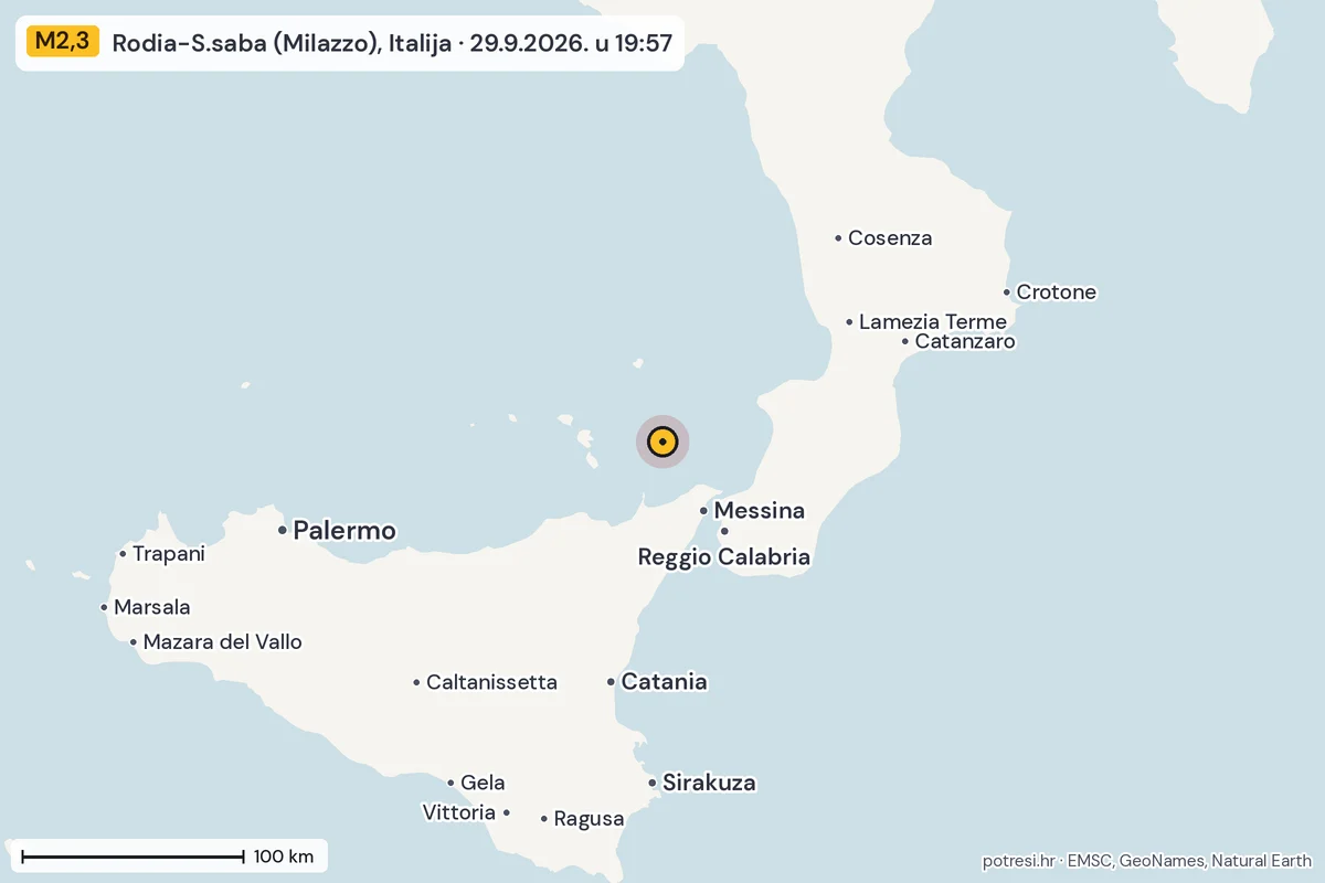 Karta: šire područje, 600 km, potres M2,3, Rodia-S.saba (Milazzo), Italija, 29.9.2026.