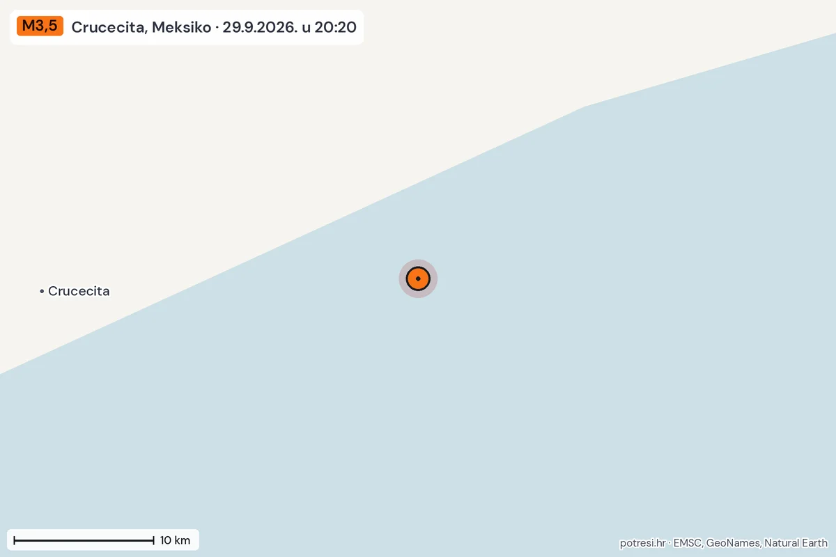 Karta: okolica epicentra, 60 km, potres M3,5, Crucecita, Meksiko, 29.9.2026.