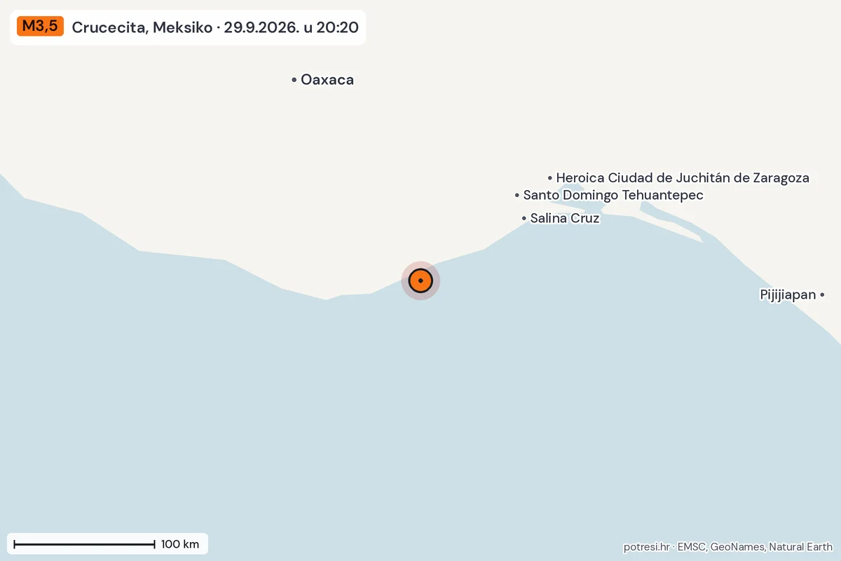 Karta: šire područje, 600 km, potres M3,5, Crucecita, Meksiko, 29.9.2026.
