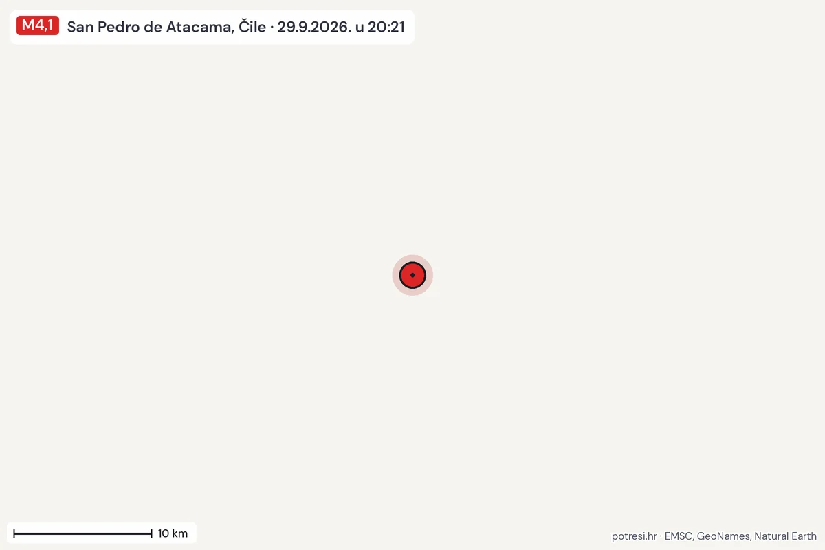 Karta: okolica epicentra, 60 km, potres M4,1, San Pedro de Atacama, Čile, 29.9.2026.