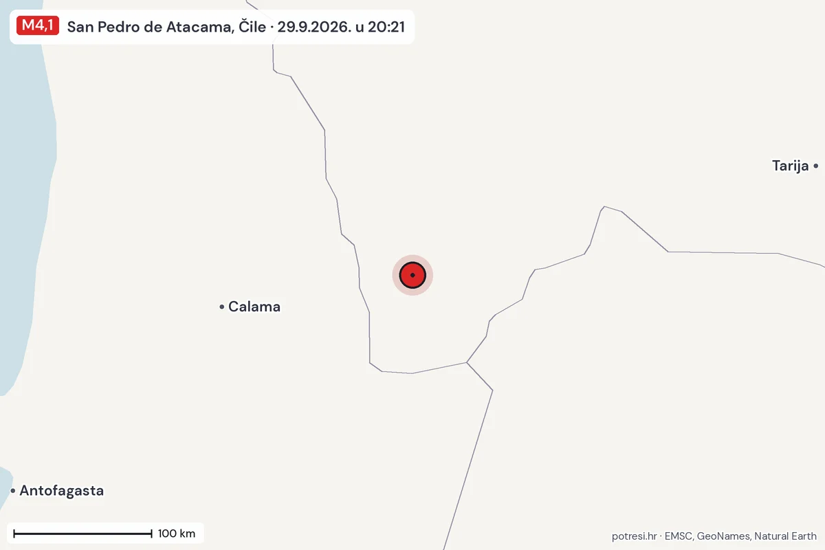 Karta: šire područje, 600 km, potres M4,1, San Pedro de Atacama, Čile, 29.9.2026.