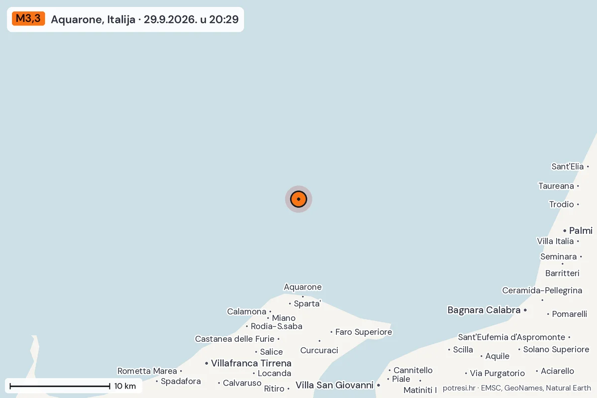 Karta: okolica epicentra, 60 km, potres M3,3, Aquarone, Italija, 29.9.2026.