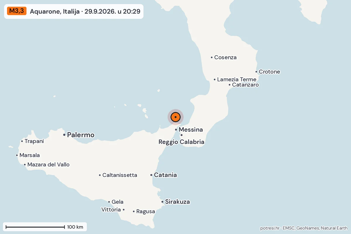 Karta: šire područje, 600 km, potres M3,3, Aquarone, Italija, 29.9.2026.