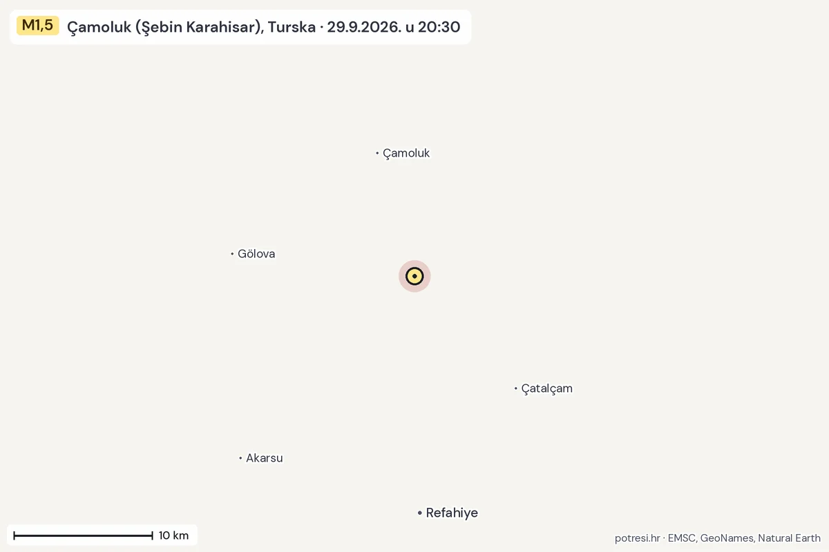 Karta: okolica epicentra, 60 km, potres M1,5, Çamoluk (Şebin Karahisar), Turska, 29.9.2026.