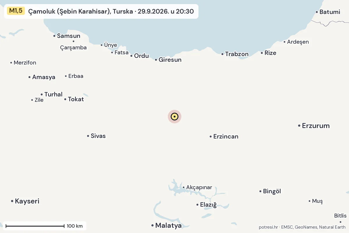 Karta: šire područje, 600 km, potres M1,5, Çamoluk (Şebin Karahisar), Turska, 29.9.2026.