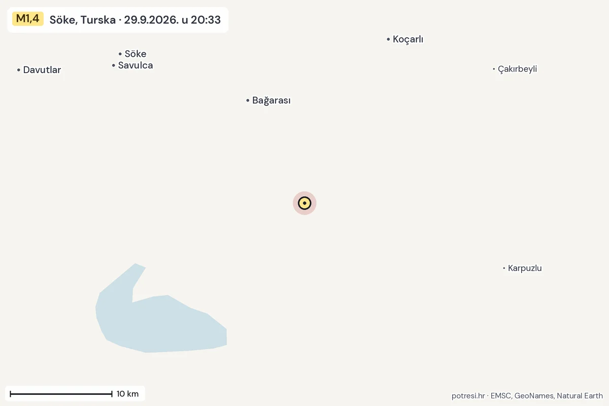Karta: okolica epicentra, 60 km, potres M1,4, Söke, Turska, 29.9.2026.