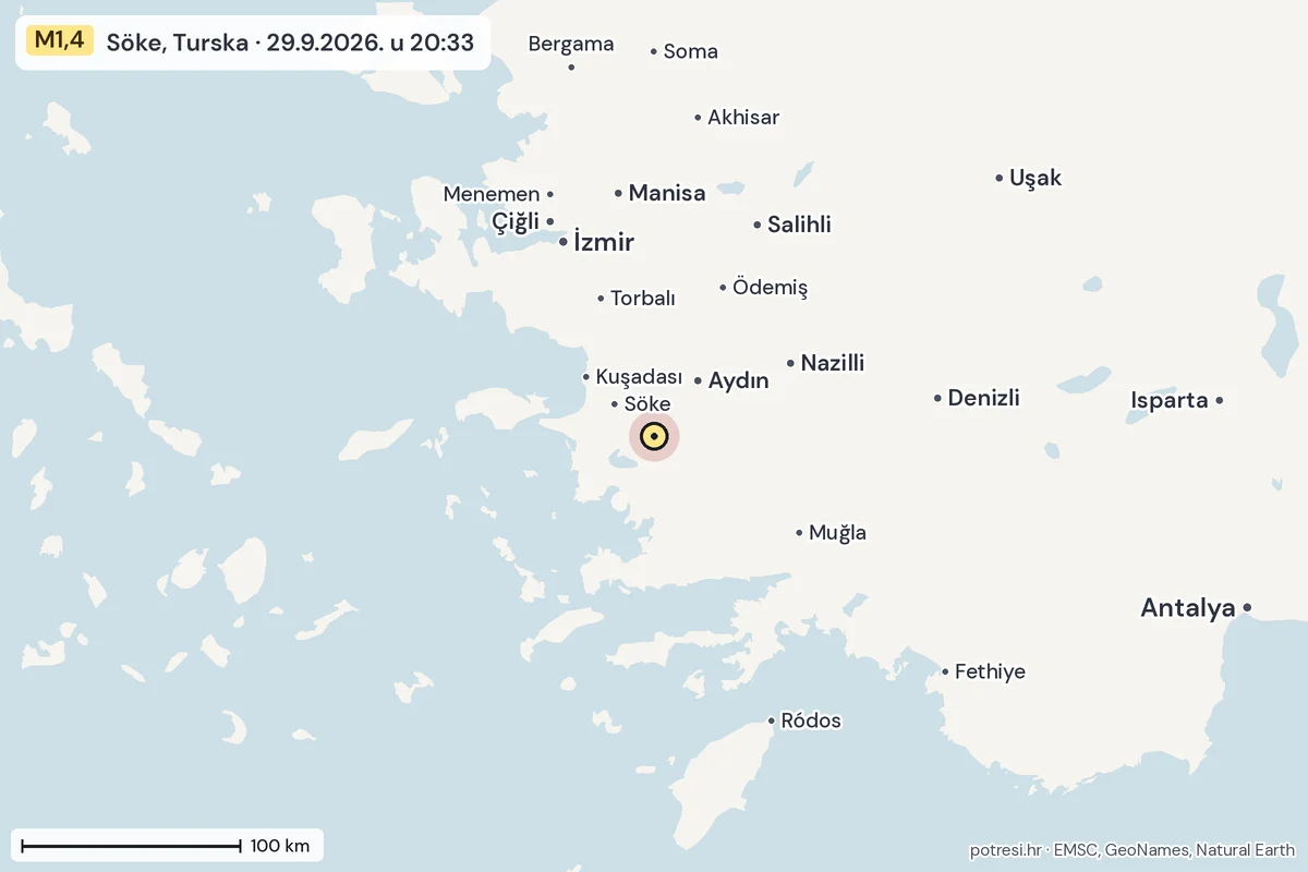 Karta: šire područje, 600 km, potres M1,4, Söke, Turska, 29.9.2026.
