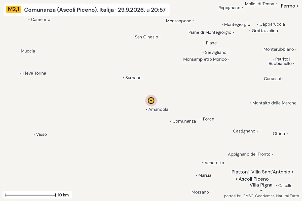 Karta: okolica epicentra, 60 km, potres M2,1, Comunanza (Ascoli Piceno), Italija, 29.9.2026.