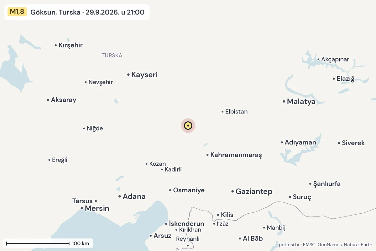 Karta: šire područje, 600 km, potres M1,8, Göksun, Turska, 29.9.2026.
