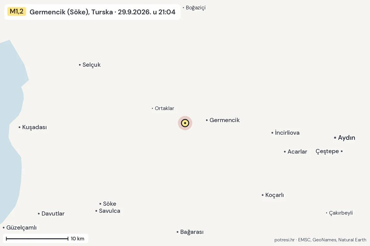 Karta: okolica epicentra, 60 km, potres M1,2, Germencik (Söke), Turska, 29.9.2026.