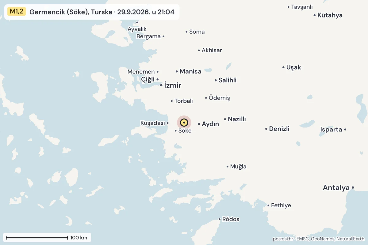 Karta: šire područje, 600 km, potres M1,2, Germencik (Söke), Turska, 29.9.2026.