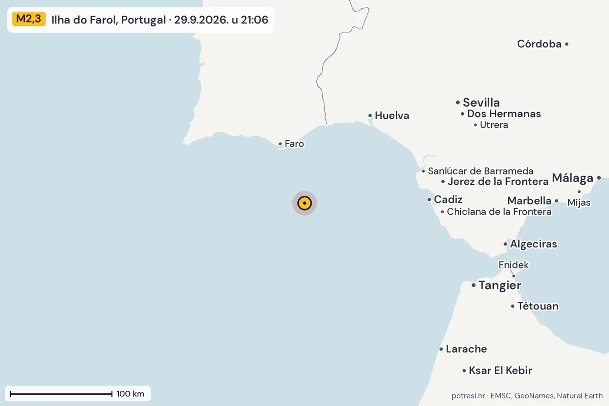 Karta: šire područje, 600 km, potres M2,3, Ilha do Farol, Portugal, 29.9.2026.