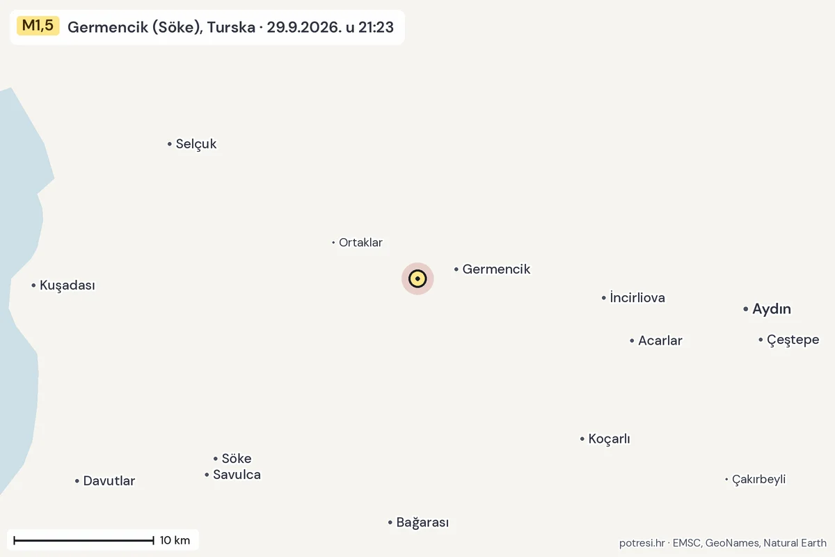Karta: okolica epicentra, 60 km, potres M1,5, Germencik (Söke), Turska, 29.9.2026.