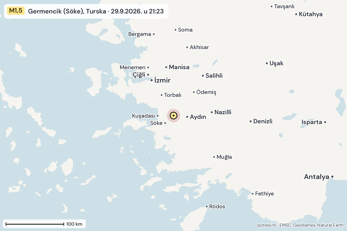 Karta: šire područje, 600 km, potres M1,5, Germencik (Söke), Turska, 29.9.2026.