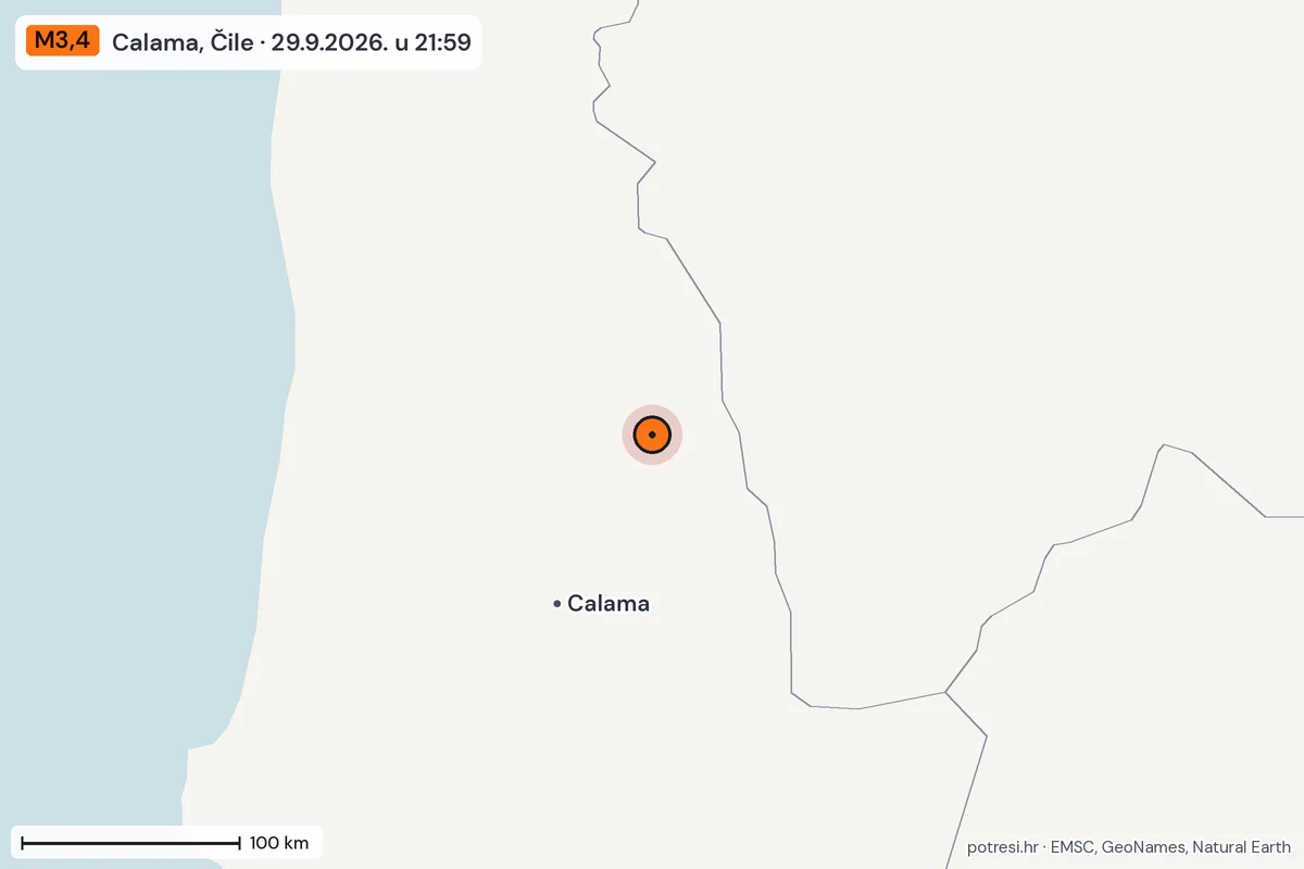 Karta: šire područje, 600 km, potres M3,4, Calama, Čile, 29.9.2026.