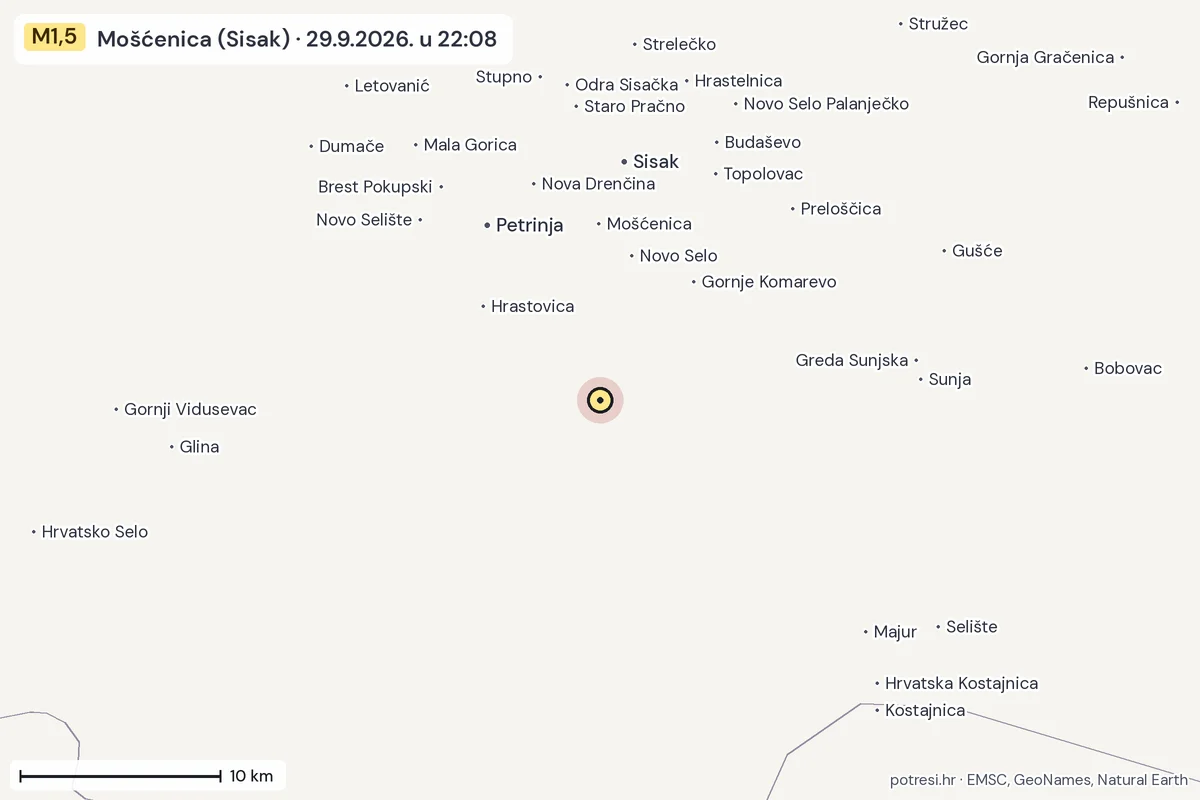 Karta: okolica epicentra, 60 km, potres M1,5, Mošćenica (Sisak), 29.9.2026.