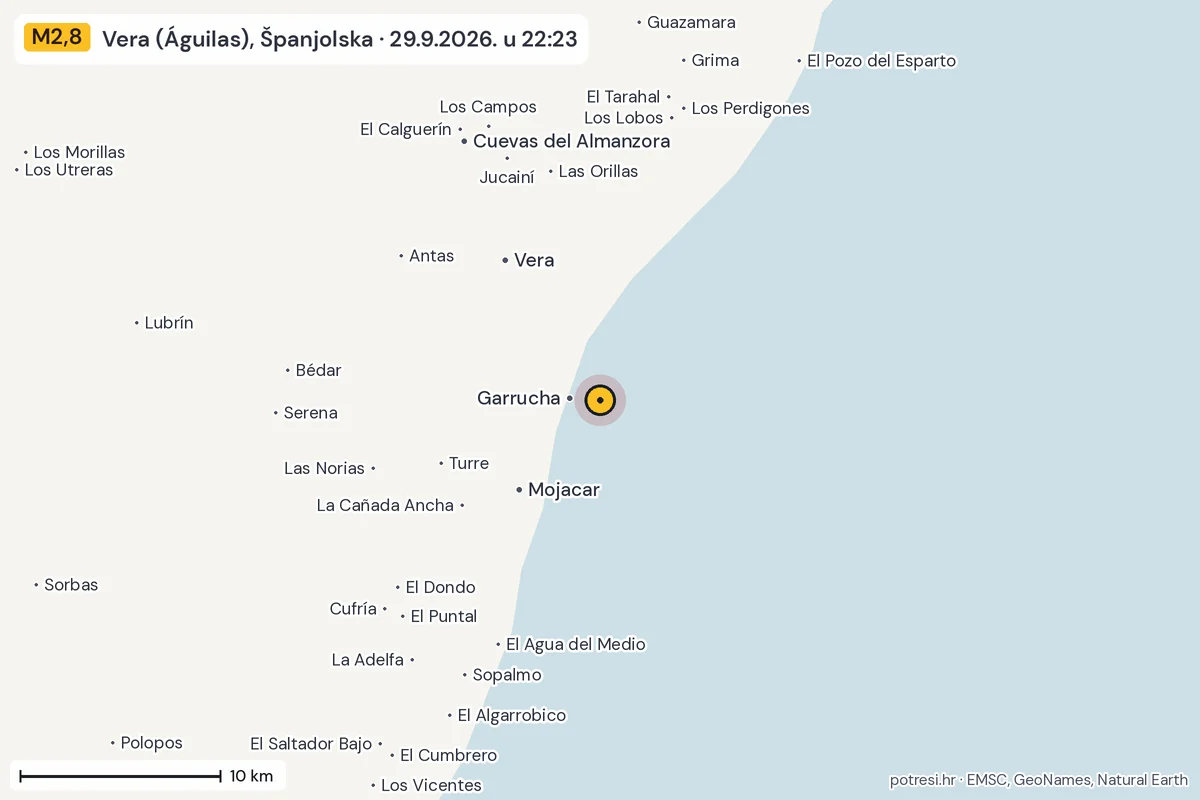 Karta: okolica epicentra, 60 km, potres M2,8, Vera (Águilas), Španjolska, 29.9.2026.