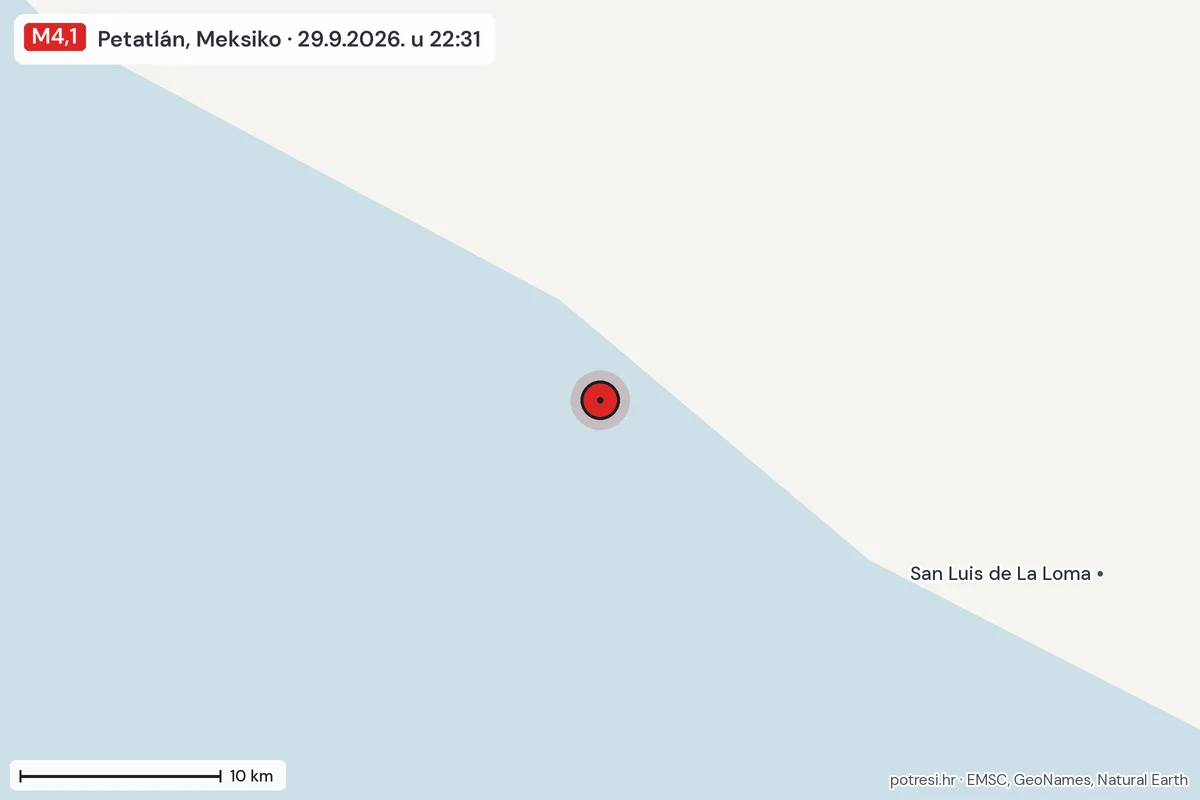 Karta: okolica epicentra, 60 km, potres M4,1, Petatlán, Meksiko, 29.9.2026.