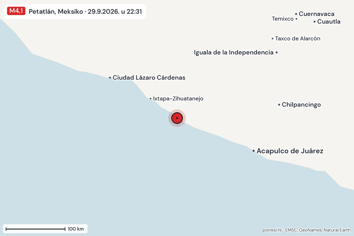 Karta: šire područje, 600 km, potres M4,1, Petatlán, Meksiko, 29.9.2026.