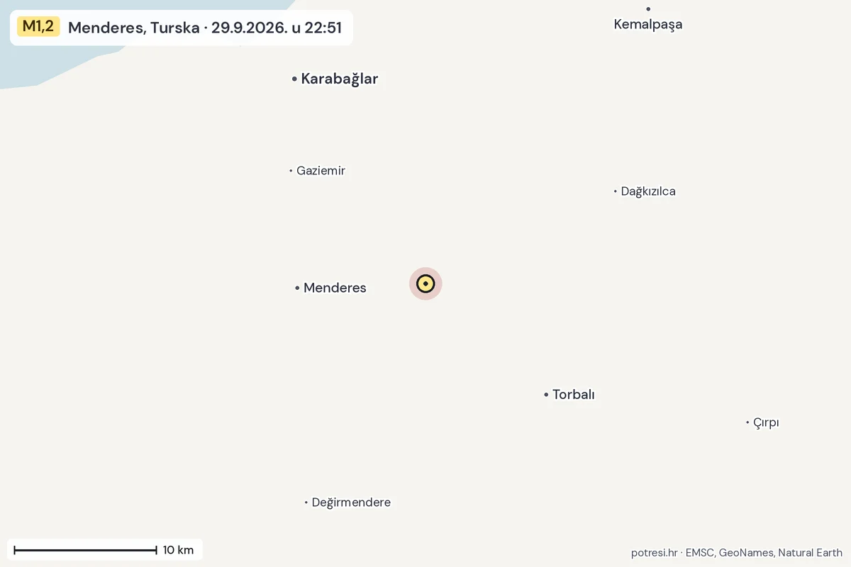 Karta: okolica epicentra, 60 km, potres M1,2, Menderes, Turska, 29.9.2026.