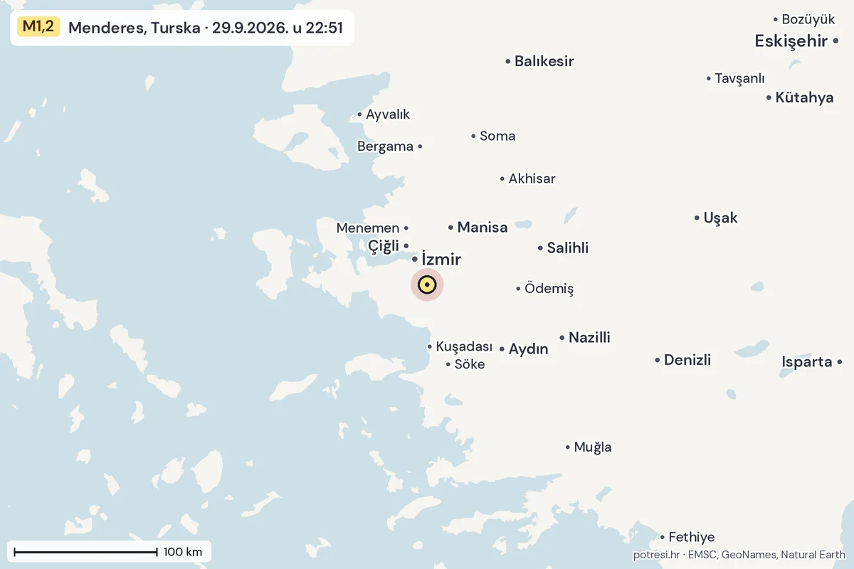 Karta: šire područje, 600 km, potres M1,2, Menderes, Turska, 29.9.2026.
