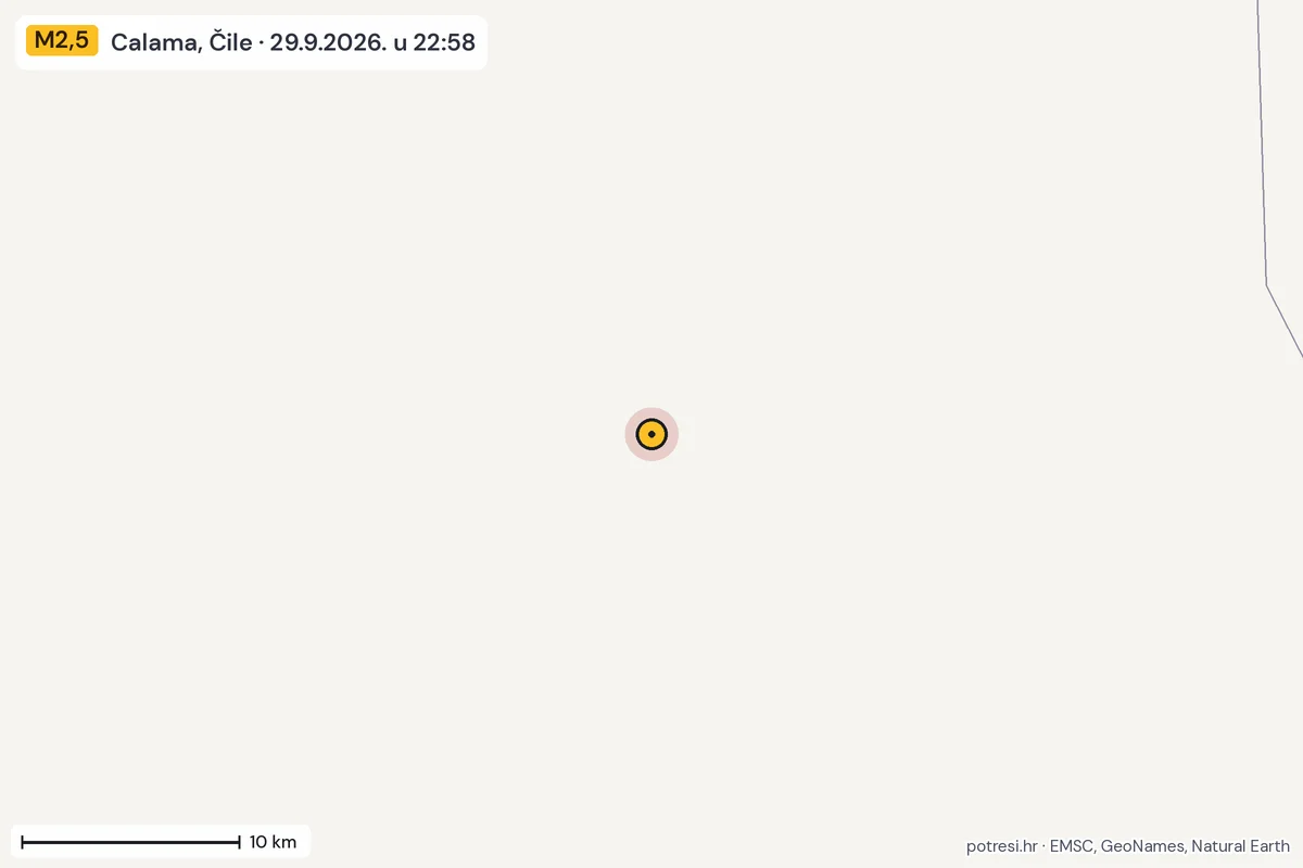 Karta: okolica epicentra, 60 km, potres M2,5, Calama, Čile, 29.9.2026.