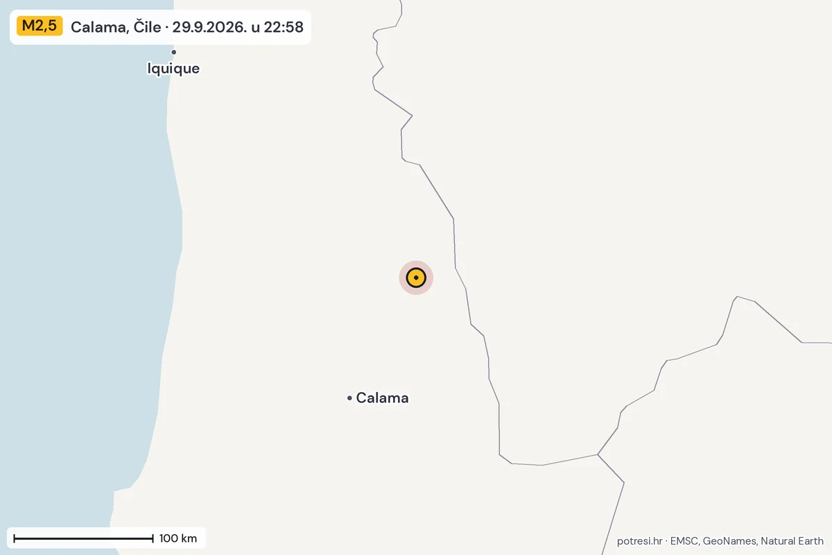 Karta: šire područje, 600 km, potres M2,5, Calama, Čile, 29.9.2026.