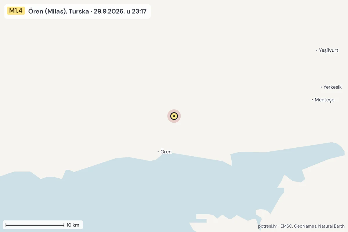 Karta: okolica epicentra, 60 km, potres M1,4, Ören (Milas), Turska, 29.9.2026.