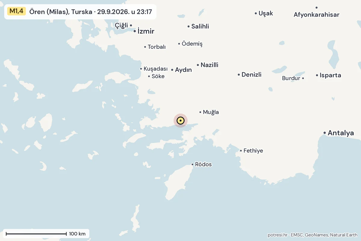 Karta: šire područje, 600 km, potres M1,4, Ören (Milas), Turska, 29.9.2026.