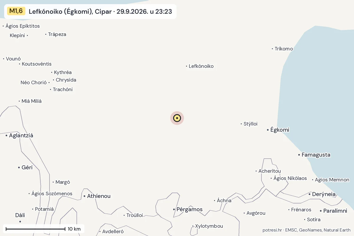 Karta: okolica epicentra, 60 km, potres M1,6, Lefkónoiko (Égkomi), Cipar, 29.9.2026.