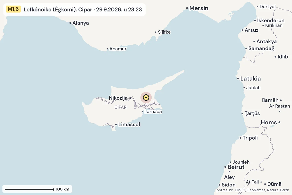 Karta: šire područje, 600 km, potres M1,6, Lefkónoiko (Égkomi), Cipar, 29.9.2026.